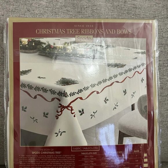 NEW Spode Christmas Tree Ribbons & Bows Fabric Tablecloth - Seats 6-8 - Picture 5 of 6